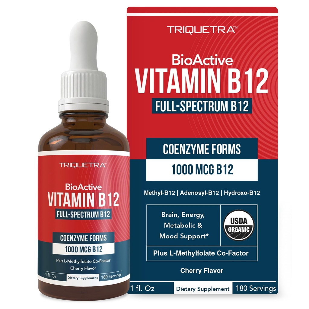 BioActive Vitamin B12 1000 mcg 124; Berisi 3 Bentuk BioActive B12 Plus Methylfolat Cofactor - Methyl B12, Adenobyl B12 & Hydroxy B12; Sublingual Form, Cherry Flavor, Organik, Vegan (180 derajat)