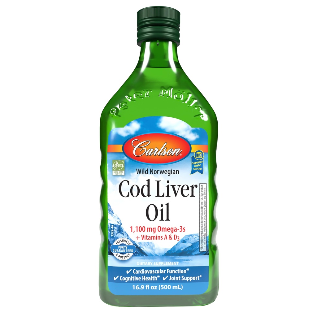 Carlson - Cod Liver Oil, 1100 mg Omega- 3s, Wild- Caught Norwegia Cod-Liver Oil, Sumpably Diberi Modied Nordic Fish Oil Liquid, Unhafeed, 500 ml (16.9 Fl Oz)