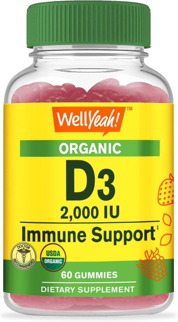 Wellyeah Vitamin D3 (50 mcg) Gummies - Support Bone, Muscle Strengity and Imunity - Non-GMO, Gluten Free - USDA Organik - Natural Flavors - 60 Gummies