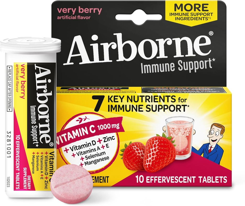 Vitamin C 1000mg (per Serving) - Airborne Sangat Berry Effervescent Tablet (10 Count in a Box), Gluten- Free Immune Supplemen, dengan Vitamin A C E, ZINC, Selenium, Echinacea & Ginger