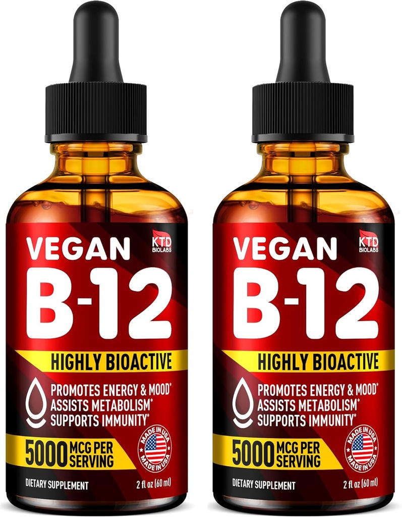 Paket berisi 2 - B12 Sublingual 5000 mcg Drops - Made in USA - Vegan B12 Vitamin for Energy, Mood & Memory - Sangat Bioavailable Sublinual Drops - Methylcobalamin for Women & Men - 2 FOz.