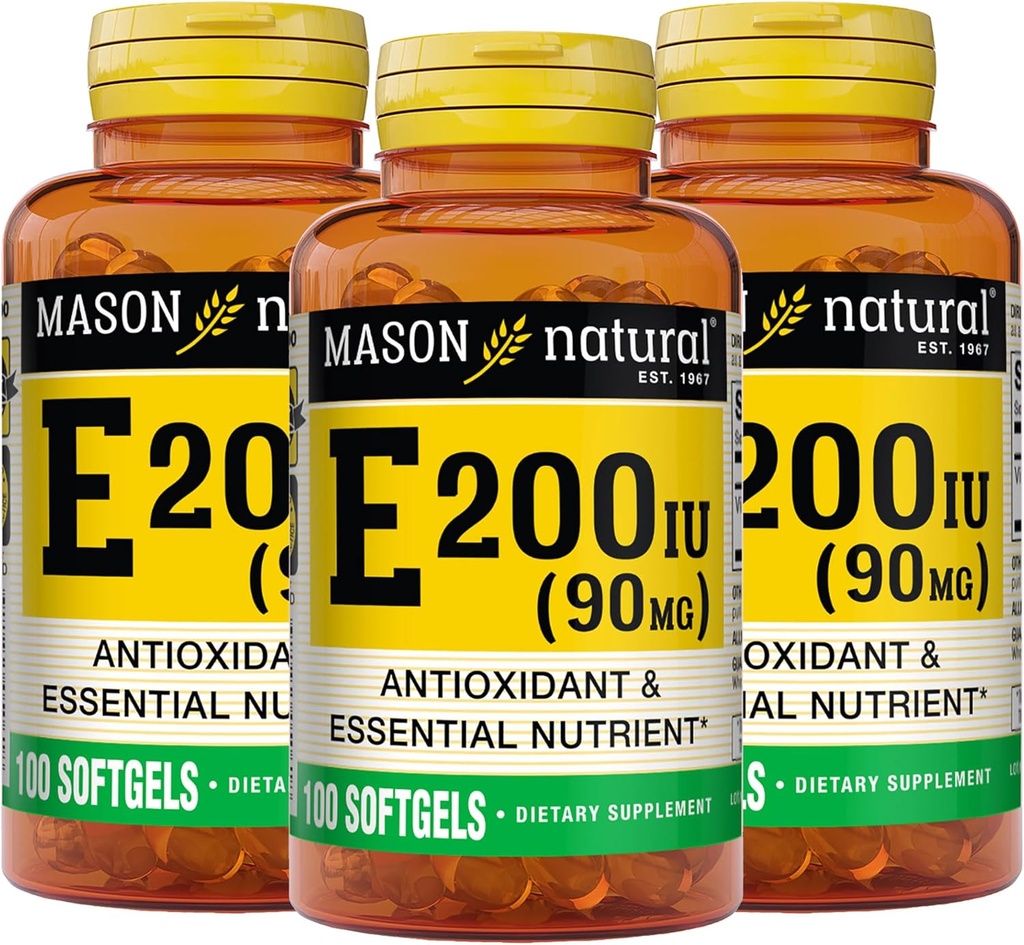 MASON NATURAL Vitamin E 90 mg (200 IU) - AntioksidanEssidanNUtrient, Healliane System, Skin and Eyes, Whole Body Supplemen, 100 Softgels (Paket 3)
