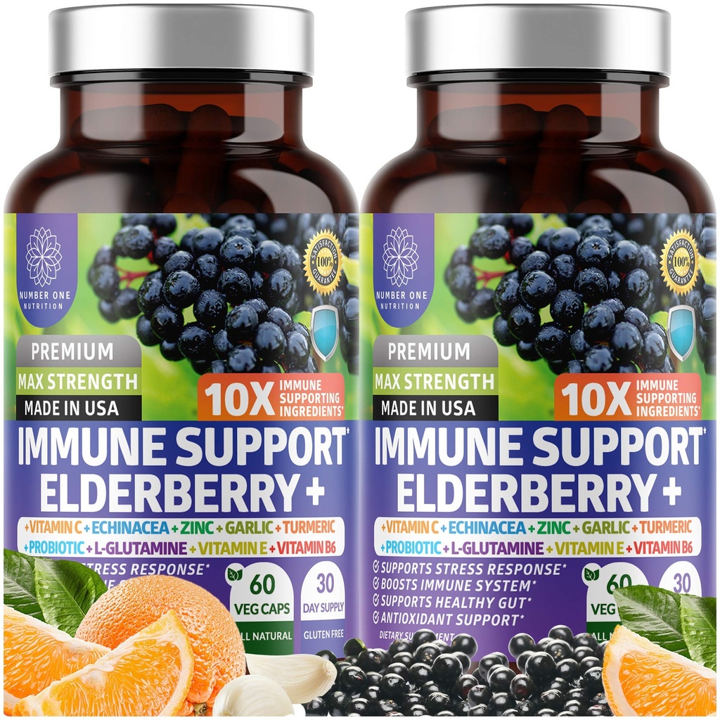 2 Pack N1N Premium 10 dalam 1 Imune Suppplemen Dukungan [10 Ingrediens Mampu] dengan Elderberry, Vitamin C, Zinc, Echinacea, Turmeric Curcumin, Garlic dan Progories untuk Dewasa, 120 Veg Caps
