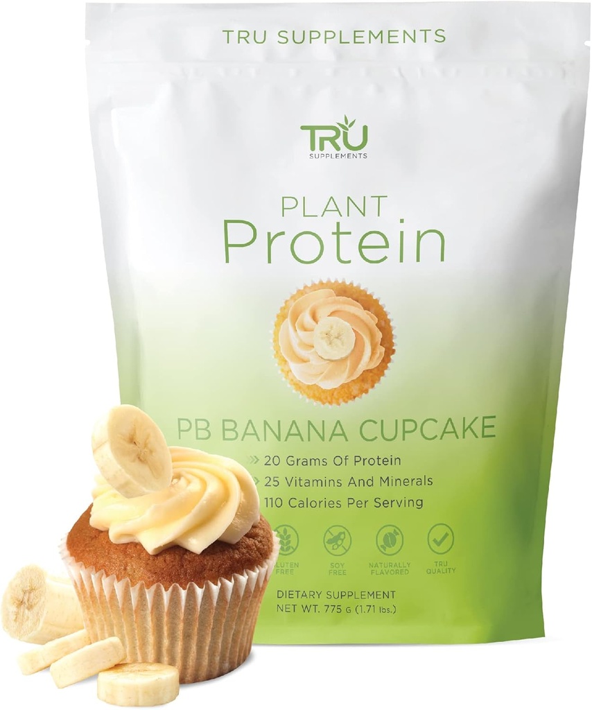 TRU Plant Based Protein Powder, BCAA, EAA, 20g Vegan Brown Rice & Pea Protein, 100 Calories, 27 Vitamin, Tidak ada Flavors Artificial 25 (Peanut Butter Banana Cupcake)