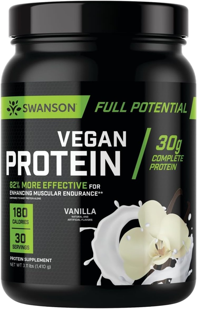 Swanson Penuh Potential Vegan Protein - Vanilla Flavor, Bubuk Protein seluruh Vegan untuk Bangunan Muscle dan Pemulihan - 30 g