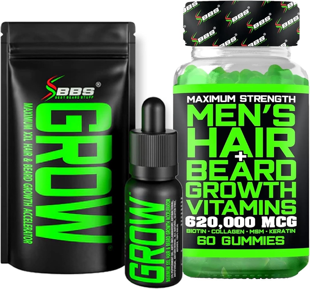 Beard Growth Kit w / Grow XXXL Beard Oil / Serum for Facsal Hair Growth for Men + Maximum Kekuatan 620000mcg 14 - 1 BIOTIN Pertumbuhan Rambut untuk Pria - Formulasi di Amerika
