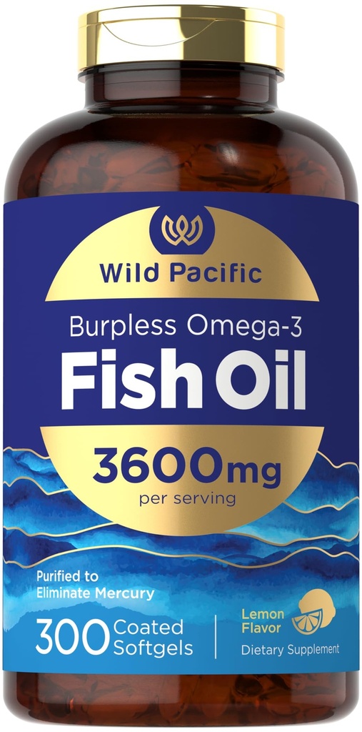 Carlyle Burpless Fish Oil 3600 mg 124; 300 Softgels 124; dengan Omega-3 Fatty Acids 124; Lemon Flavor 124; Non- GMO, Gluten Free Supplemen 124; oleh Wild Pacific