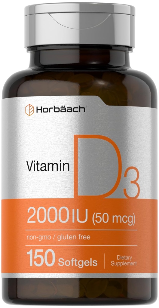 Horbaach Vitamin D3 2000IU Softgels 124; 150 Count 124; 50mcg Cholecalferol 12.4; Non- GMO & Gluten Free Suplemen