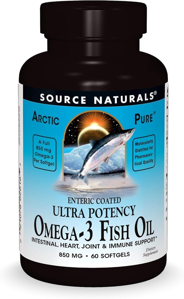 Source ArcticPure Omega-3 Fish Oil 850mg Ultra Potency EPA + DHA For Heart, Joint, Brain & Imune Health -Entiic Coated For Sensitive Homach - 60 Softgels