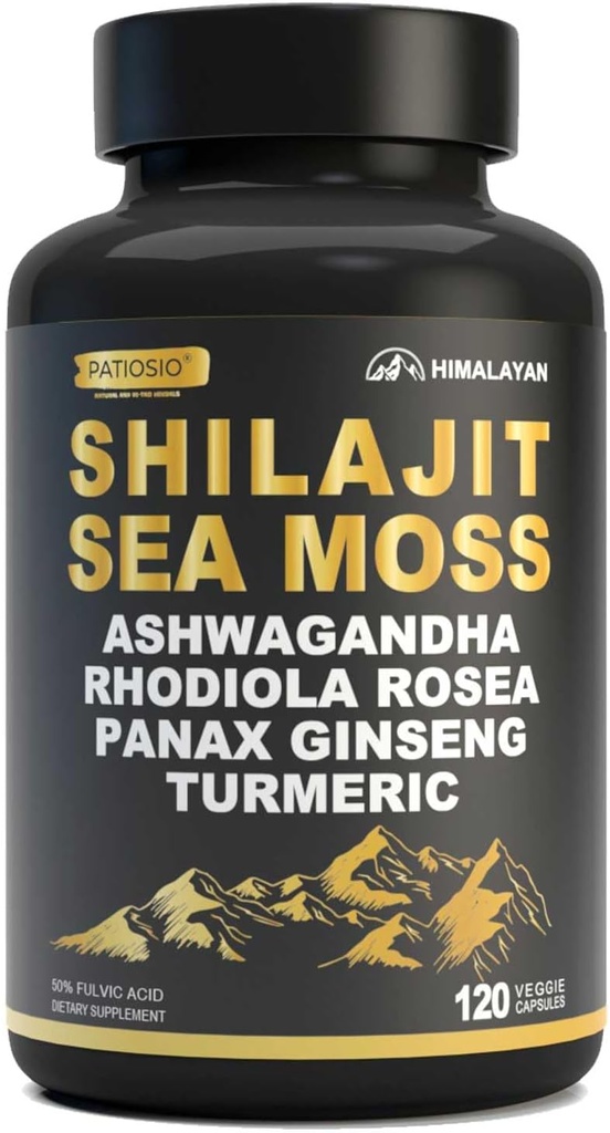 Shilajit Capsules for Men - 50% Fulvic Acid, 85 + Trace Minetrals Pure Himalaya, Shilajit Retract with Sea Moss, Ashwagandha- for Energy, Stamina -120 Capsules