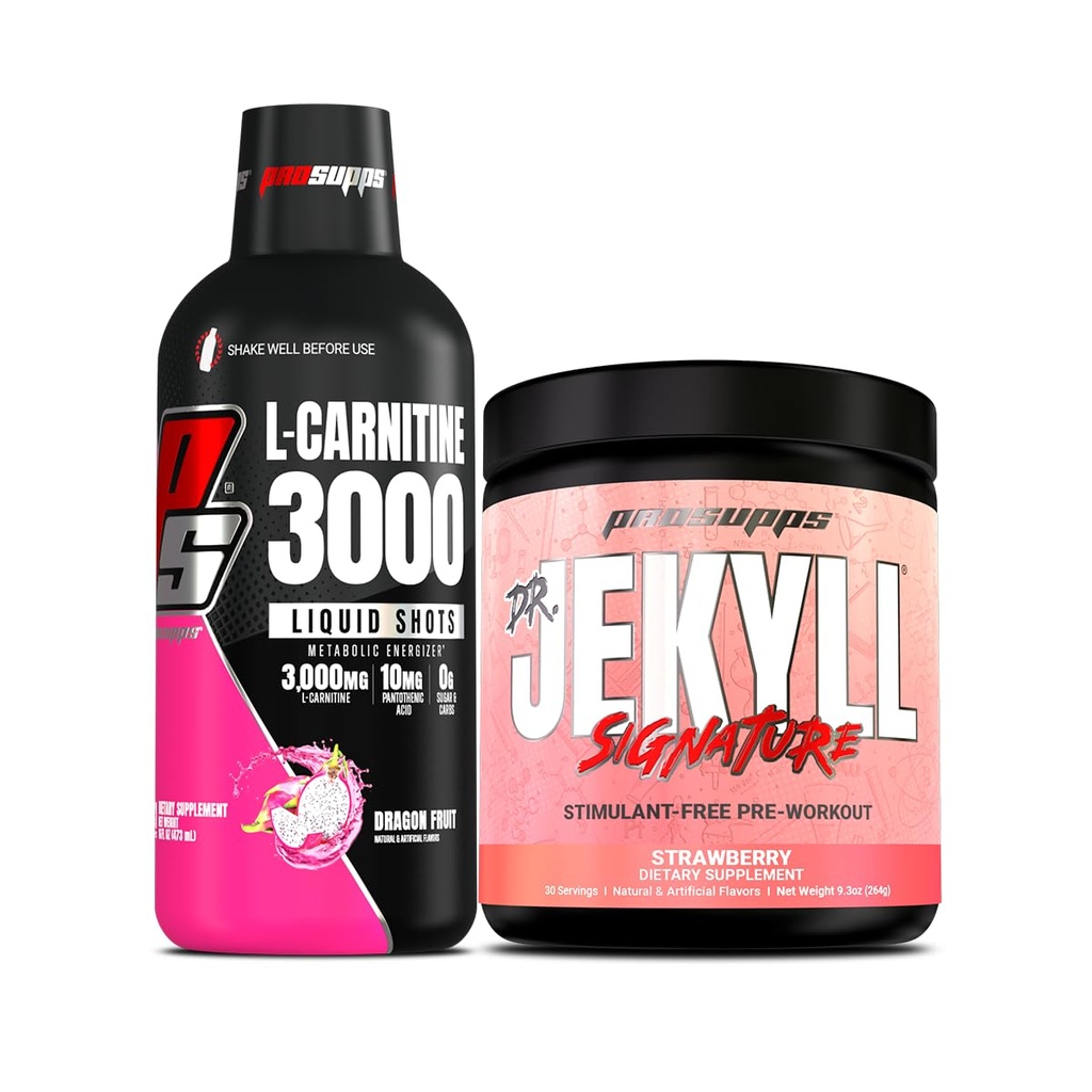 PROSUPPS L-Carnitine 3000 Stimulant Free Liquid Shots (31 Serbu Naga) dan Mr Hyde Signature Series Pre-Workout Energi Minuman (30 Servis, Strawberry) Bundle
