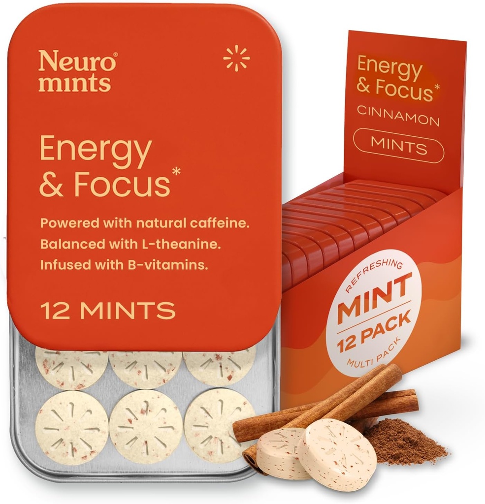 Mint Kafein Energi NeurroGum (144 Potongan) - Sugar Free with L-theanine + Natural Caffein B12 & B6 - Nootropic Energy & Focus Suplemen Perempuan & Pria - Keto & Vegan, Cinnamon Flavor