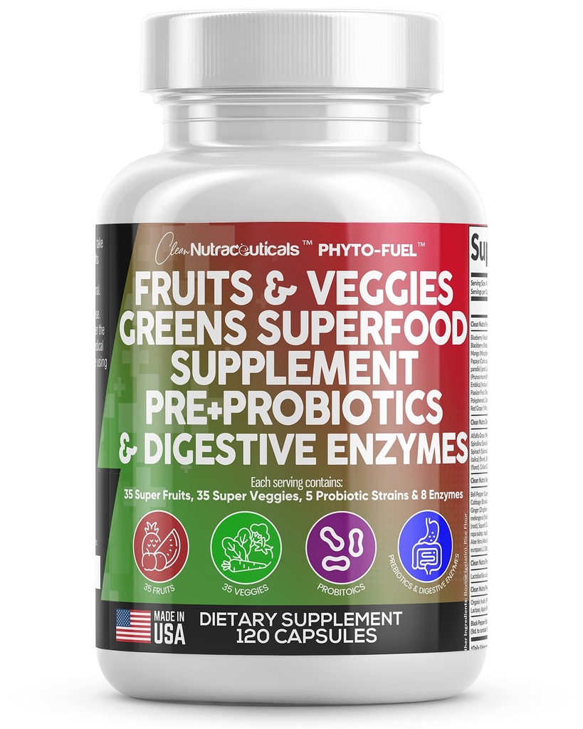 Clean Nutraceuticals Fruits and Vegies Supplement Reds & Green Superfood - Saldo atas lebih dari 70 Fruit & Vegetable Suplemen Capsules dengan Progories Previous Digetical Enzymes - 120 Ct USA