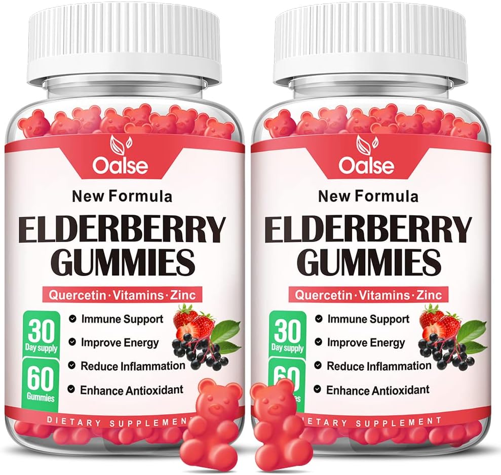 Mitos Elderberry untuk Anak-anak dan Dewasa - Sambucus Black Elderberry Gummies + Zinc dan Vitamin C & D3 Dukung Imune Energy Dental Health [60 Count (Paket 2)]