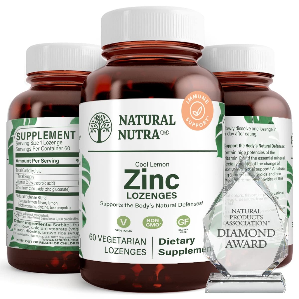 Nutra Zinc Lozenges dengan Vitamin C, Lemon Flavor, Dukung Imune, Nervous System & Bone Power, Dibentuk dengan Bioflavonoid dan Bee Propolis, Sublingual Zinc Gluconate, 60 Vegetarian