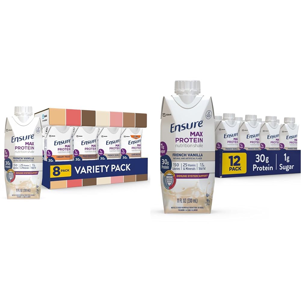 Pastikan Max Protein Nutrition Shakes, Variety Pack, dengan 30g dari Protein & Max Protein Nutrition Shake dengan 30g Protein, 1g of Sugar, High Protein Shake, French Vanilla, Liquid, 11 fli oz (Paket 12)