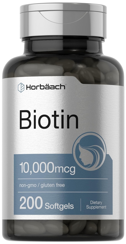 Horbaach Biotin 10.000 mcg 124; 200 Softgels dengan Vitamin B7 14; Beauty Formula Supplemen 12.4; Non- GMO & Gluten Bebas
