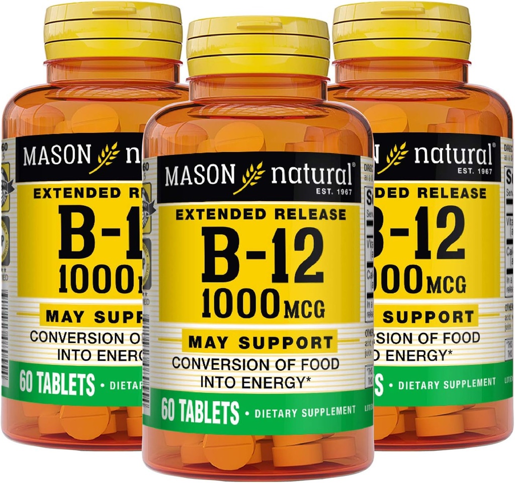 MASON NATURAL B-1200Mcg Cyanocobalamin Extended Rilis Tablet, 60- Count Bottles (Paket 3)