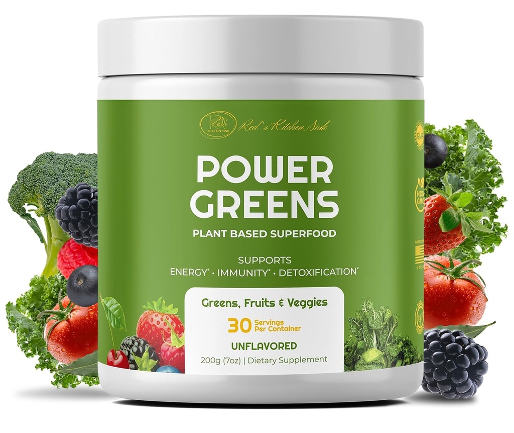 Red 's Kitchen Sink Power Greens Powder - Daily Greens Superfood Powder - Fruity, Veggie, & Green Leafy Smoothie Drink Mix - Superfoods Maca Root, Spirulina, Chlorella, & More (200 Grams)