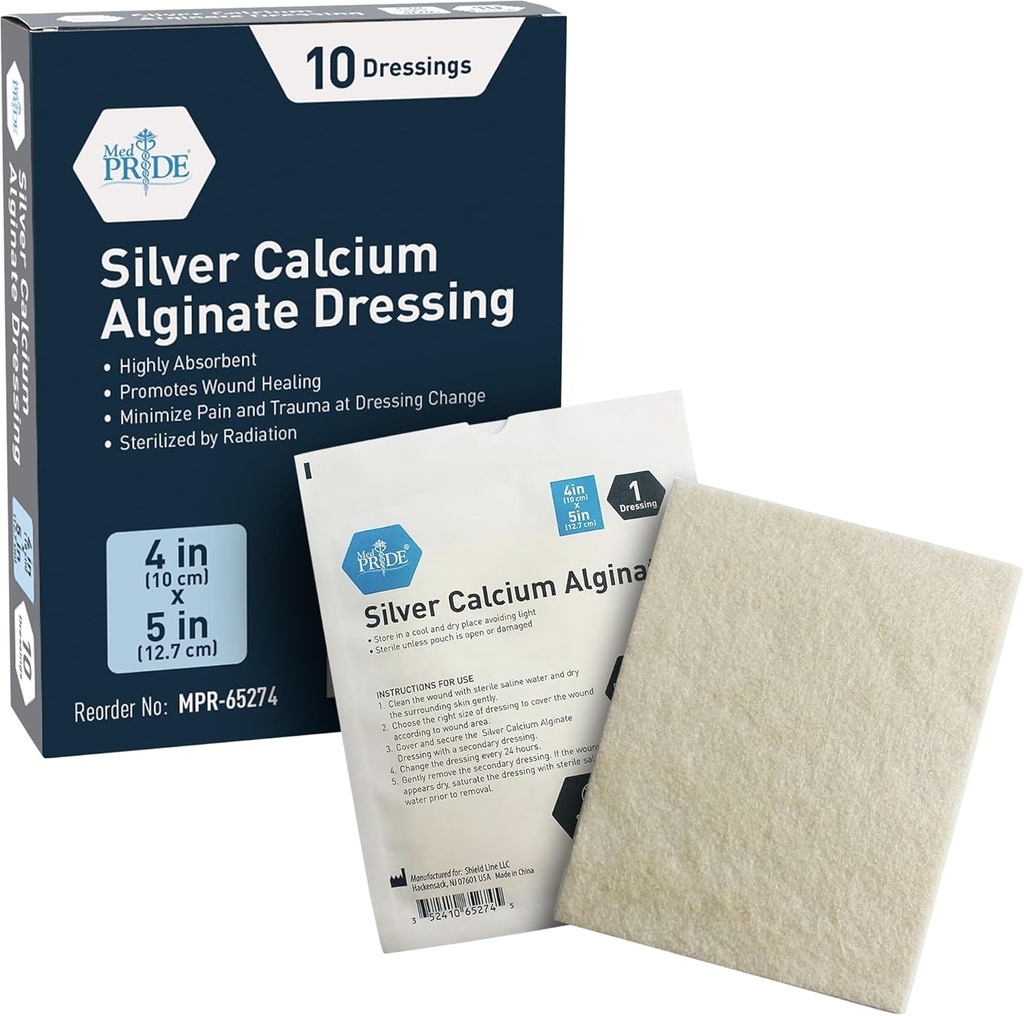 MED PRIDE Silver Calcium Alginate Wound Dressing, 10- Pack 124; Sangat Absorbent, Nonstick, Seaweed, Easy Removal (4 "x 5" Silver)