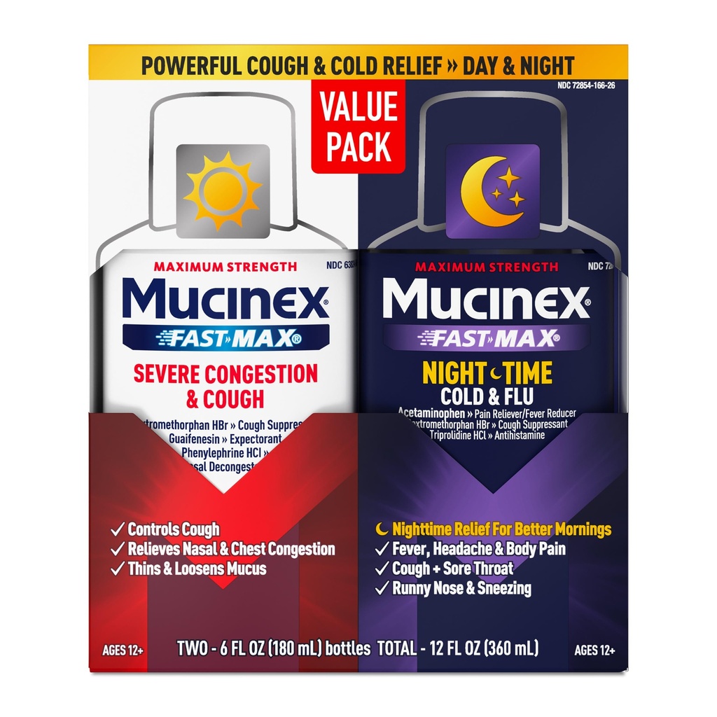 Mucinex Fast- Max & NightShift Combo - Max Tegar Cough & Cold Relief For Musus Relief, Chest Conbubles, Nasal Contrable, Sinus Consultion, Sinus Pressure, Cough Symptom Relief (2x 6 FL OZ)