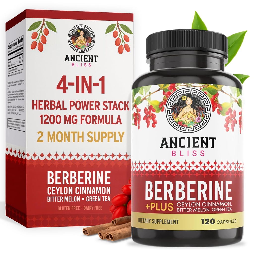 Kebahagiaan Kuno Berberine HCL 1200 mg dengan Cinnamon Ceylon, Bitter Melon, dan Green Tea Extract - 120 Capsules