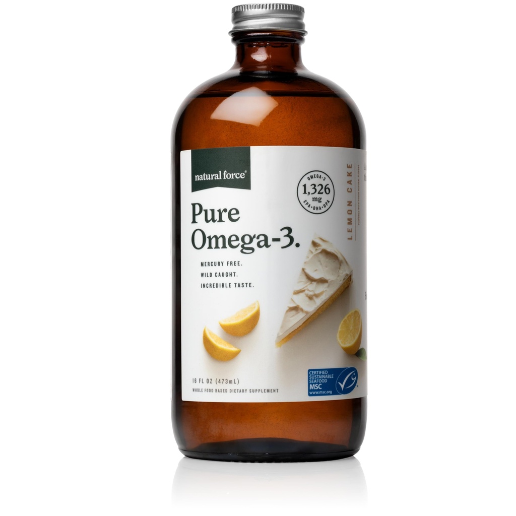 Natural Force Pure Omega 3 - Liquid Fish Oil - Delicious Lemon Cake Flavor - Mercury Free, Wild Caught, Lab Test - 1.326 mg Triglyceride EPA, DHA, & DPA - 16 Oz Glass Bottle