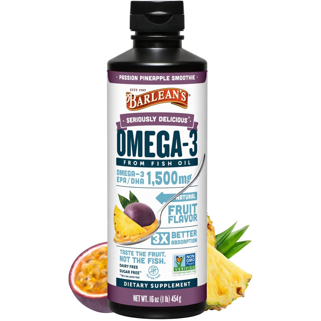 Tambahan Ramuan Minyak Ikan Barlean Omega 3 untuk Pria dan Wanita, Passion Pineapple, 1500mg EPA dan DHA Acid Gendut, 16 oz