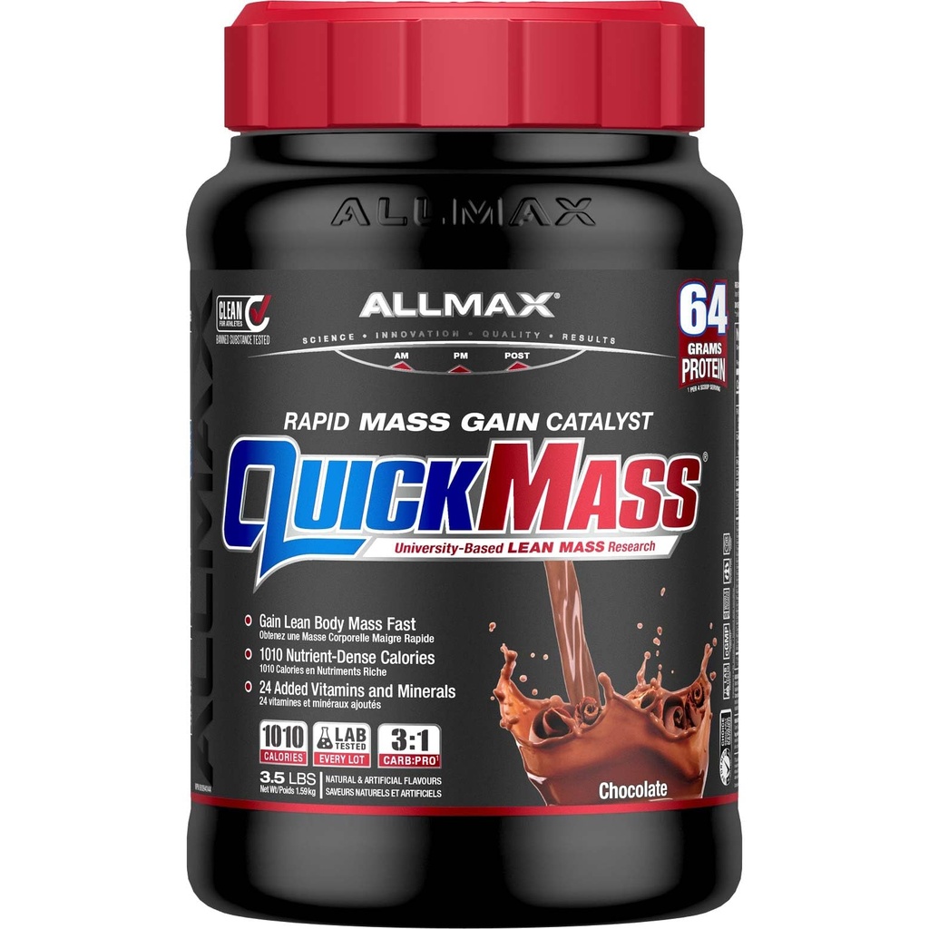 ALLMAX QUICKMASS, Chocolate - 3.5 lb - Rapid Mass Gain Catalyst - Sampai dengan 64 Grams Protein Per Serving - 3: 1 Carb ke Protein Rasio - Zero Trans Fat - Sampai 24