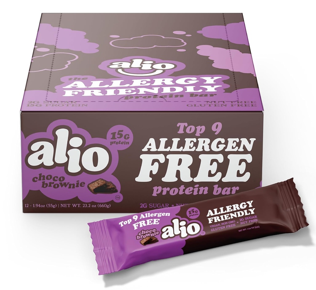 Alio Protein Bars - Choco Brownie (12 Bars) - Free From The Top 9 Food Algergens, High Protein, Lower-Calorie, Vegan, Gluten- Free, Non-GMO, Plant - Based, Benih Oil Free, Delicious & Healthy Snack