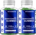 Vitamatic 2 Pack Ashwagandha Gummies 1500 mg Equivalen Per Serving (dari 30: 1 Ekstrak 50 mg) - 60 Vegan Gummies - 3% Wittanolides