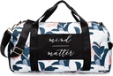 Gym Bag for Women with Shoe Comment and Wet Pocket 124; Dughlable Lighlable Gym Duffle with Motivational Quote and Graphic Designs 126; Great for Exercise and Overnight 124; White / Navy