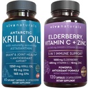 Viva Antartika Krill Oil dan Elderberry, Vitamin C, Zinc dan Vitamin D3 5000 IU Bundle, 1250 mg Krill Oil Menyediakan Omega 3 EPA dan DHA untuk Kesehatan Gabungan, Elderberry untuk Dukungan Imune