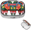 Square Pill Case for Purse or Pocket 2 Compartment Medictory Box Portable Small Organizer Runner Swedish Folk Travel Pilbox Medicine Vitamin Cod Liver Oil Storage Box