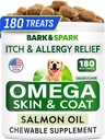BARK & SPARK Omega 3 for Dogs - 180 Fish Oil Treats for Dog Shedding, Skin Allergy Chews, Itch Relief, Hot Spots Treatment - Gabungan Kesehatan - Skin and Coat Suplemen - EPA & DHA Fatty Accids - Salmon Oil