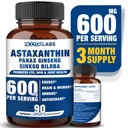 Astaxanthin 15mg + Panax Ginseng, Ginkgo Biloba Suplemen, 90 Vegan Kapsul, Promotes Eye Health Energy, Dukungan Kardiovaskular + Ammune Pertahanan dan Fokus