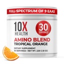 10X Kesehatan Amino Acids - 30 pelayan EAA & BCAA Powder, Pra Workout BCAA dengan Suplemen Amino Acids - BCAAs & EAS untuk Umur-panjang, Dukungan Otot, Energi - Jeruk Tropis