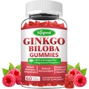 Ginkgo Biloba Gummies dengan Panax Ginseng dan Magnesium, Ginkgo Bilosa Suplemen untuk Fokus, Memori, dan Kesehatan Otak untuk Dewasa & Anak-anak, Vegan Raspberry Flavor Gummies, 60 Count