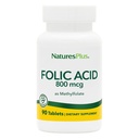 Natures Plus Folic Acid (Methylfolat) - 800 mcg, 90 Vegan Tablet - Supports Healthy Tease Growth - Vegetarian, Gluten- Free - 90 Servings