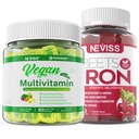 Vegan Iron Gummies dengan Vegan Multivitamin untuk Perempuan Pria dengan Besi, Vitamin B12, A, D3, K2, Algae Omega 3, Magnesium, Zinc