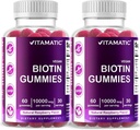 Vitamatic Biotin Gummies 10,000 mcg for Stronger Hair, Skin & Nails - 60 Vegan Gummies - juga disebut Vitamin B7 (2 Botol)