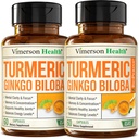 Ginkgo Biloba dan Turmeric Curcumin Suplement w / Black Pepper & Organic Tumeric - Natural Turmeric Suplemen Fokus, Memori, Gabungan & Brain Health - Vegan Ginko Bilbia Capsules w / Curcuma - 2 Pack