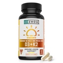 Zhou D3 + K2 - Vitamin D3 K2 Tambahan Perempuan & Men, Dukungan Imune Vit D3 dan K2 Suplemen, Murni Vegetarian Formula dengan 5000 IU D3 dan MK-7 - 60 Feggie Capsules (Paket 1)
