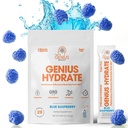 Genius Brand - Genius Hydrate Stick Pack Powder Mix - Blue Raspberry Flavor, Natural Electrolite Booster dengan Coconut Water & Potories untuk Hidration Ultimate - 20 Paket