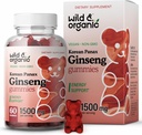 Wild & Organic Panax Ginseng Gummies 1500 mg - Korea Red Ginseng Suplemen - Vegan, No- GMO Root Powder Based Chews - 60 Count