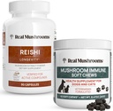 Mushroom Reishi Capsules untuk Manusia (90ct) & Mushroom Pengunyah Pet (60ct) - Bundle for Longage, Relaxation & Imunity - Ashwagandha, Astralus & More - Vegan, Non-GMO, Gluten- Free