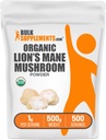 BulkSuplements.com Organic Lions Mane Mushroom Powder - Lions Mane Powder, Mushroom Suplemen - Vegan & Gluten Bebas, 1g per Serving, 500g (1,1 pon) (Paket 1)