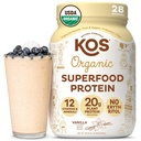 KOS Vegan Powder Erythritol Free, Vanilla USDA Organik - Pea Protein Blad, Plant Based Superfood Rich di Vitamin & Minamins - Keto, Dairy Free - Meal Replacement for Women & Men, 28 Servis