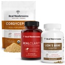 Jamur Real Reality (60ct) & Lions Mane (120ct) Capsules w / Cordyceps Powder Bundle - Mushroom Supplemen Mental Clarity, Focus, Cognition, Energy & Vitalitas - Vegan, Non-GMO