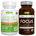Longvida Lipidated Curcumin 500mg + Focus Booster Vegan Bundle, Ultra Bioavable Curcumin + Caffeine, L-Theanine, Taurine & L-Tyrosine, B-Vitamin, Zinc & Copper, oleh Igennus